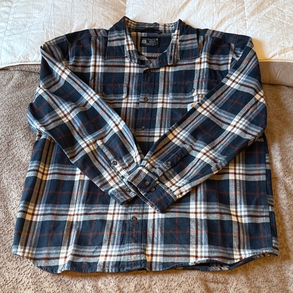 Carhartt Men's Blue and White Plaid Heavy Flannel Button Down Shirt